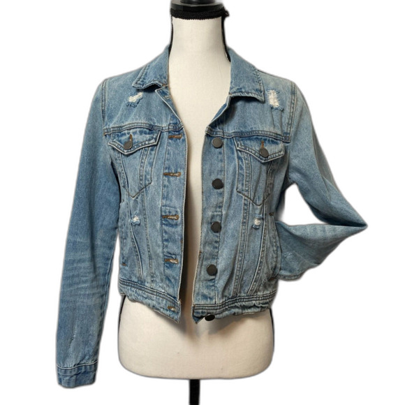 Black Label by C'Est Toi Jean Jacket Cropped Distressed Medium Wash Jean Jacket - Picture 1 of 8